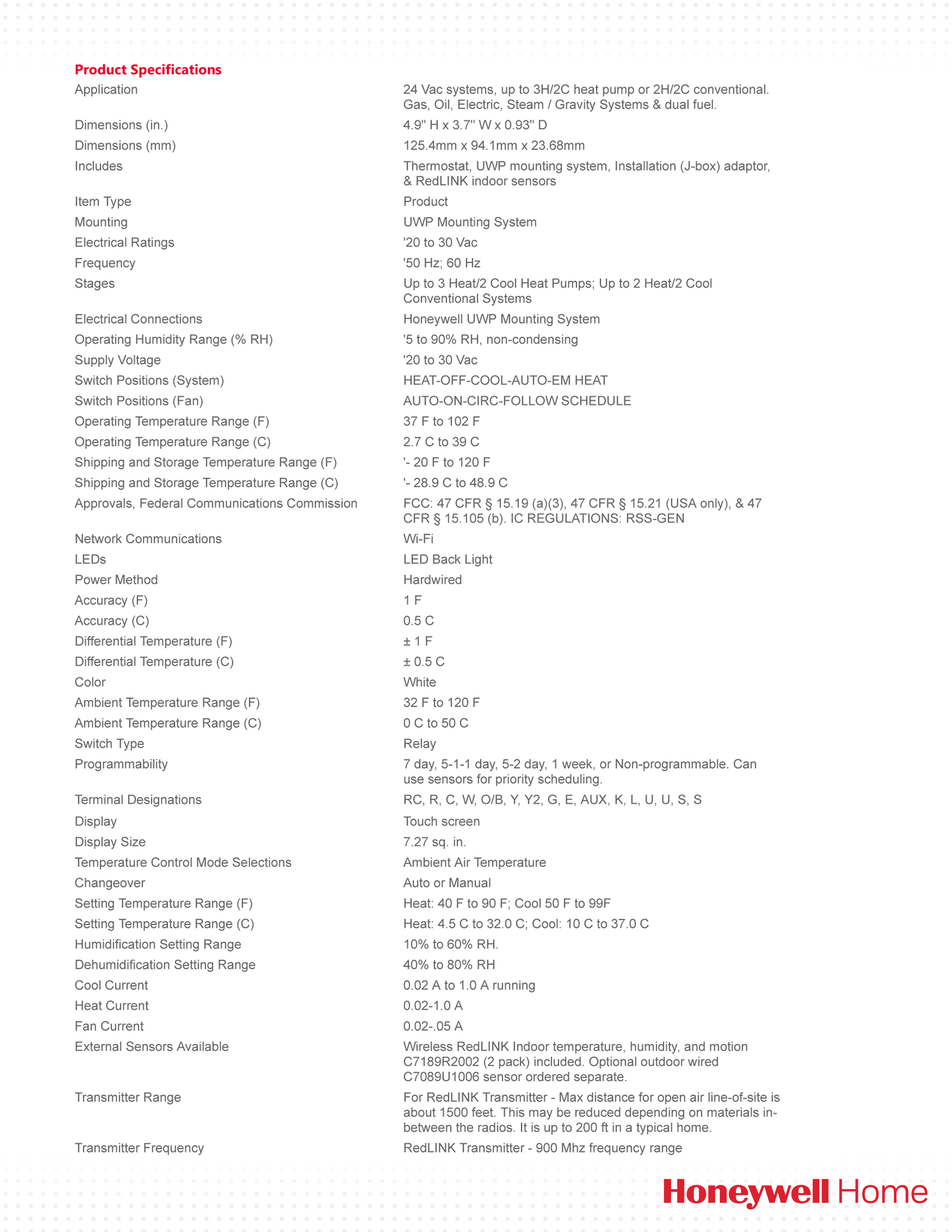 Honeywell T10 Pro Smart Wi-Fi Touchsrceen Thermostat 3H/2C Programmable w/ Sensor, THX321WFS2001W